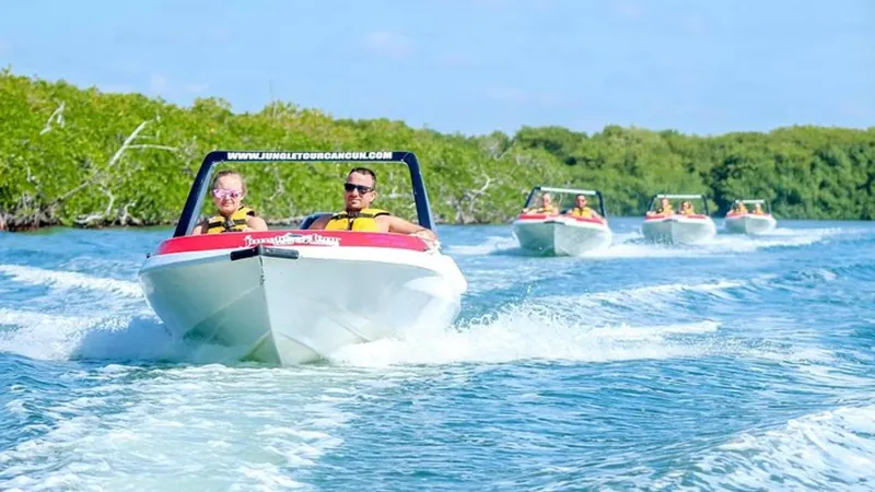 Speedboats in the Cancun mangroves